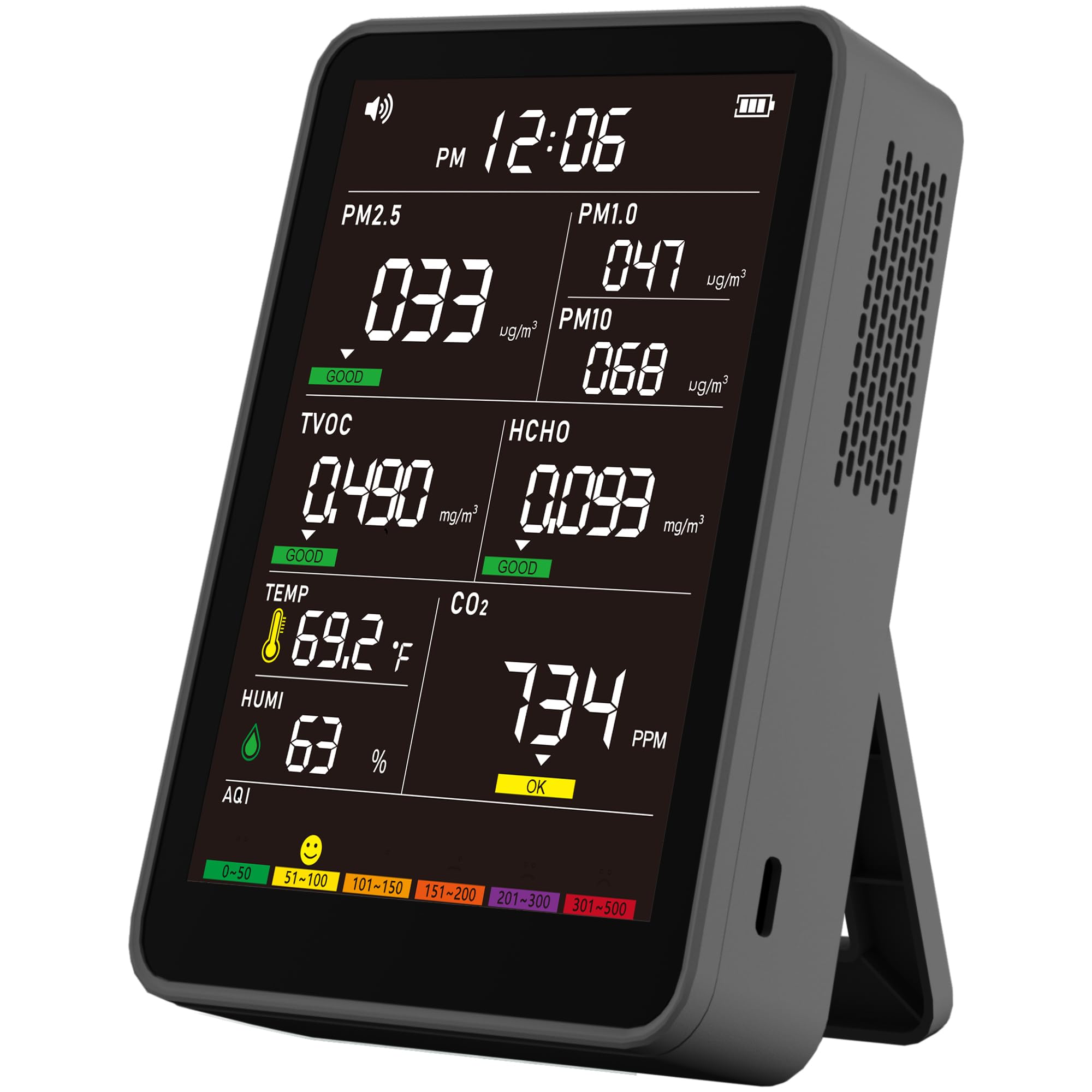 Professional Indoor Air Quality Monitor with AQI Alerts, Portable